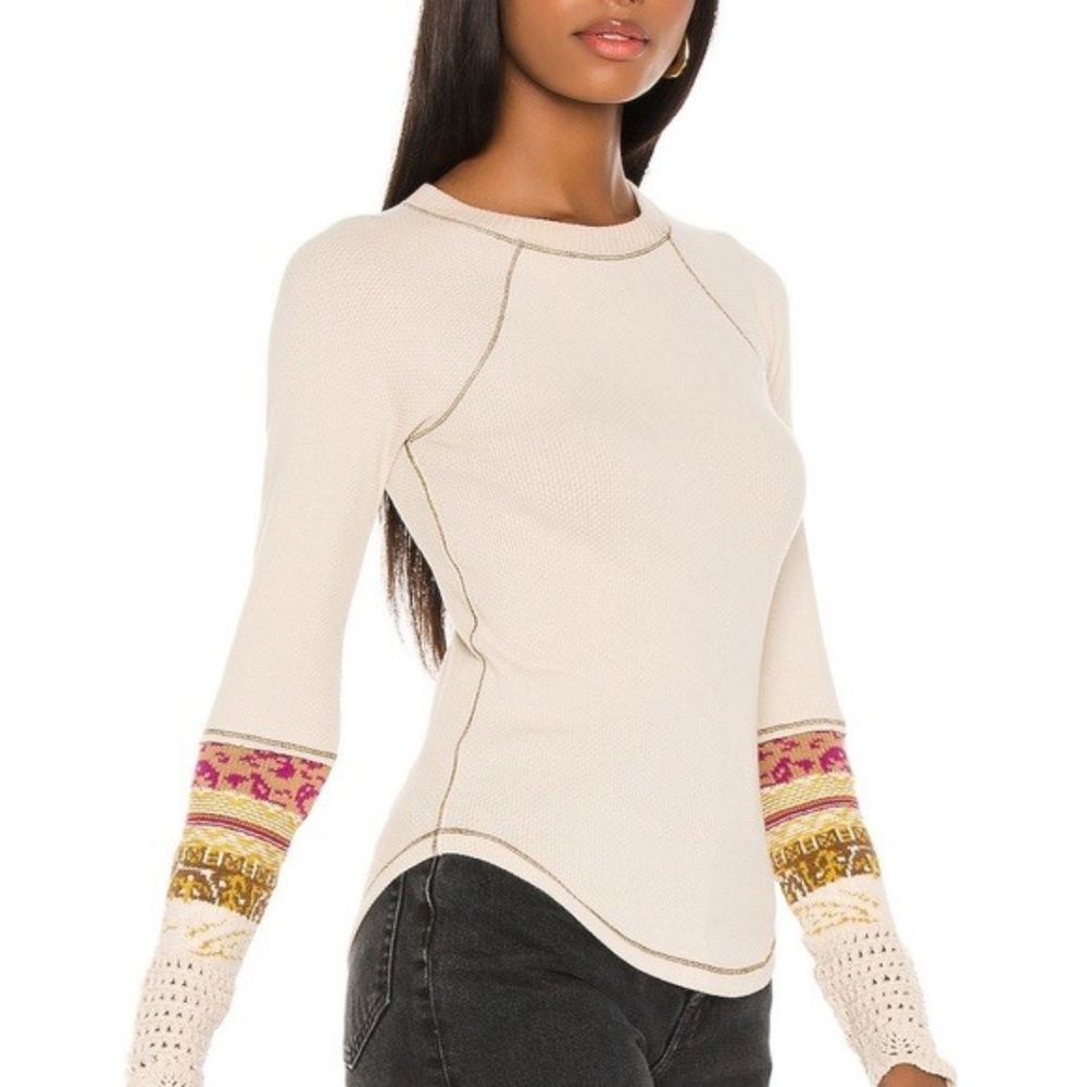 Free People In The Mix Cuff Thermal Top Cream Linen Combo Knit